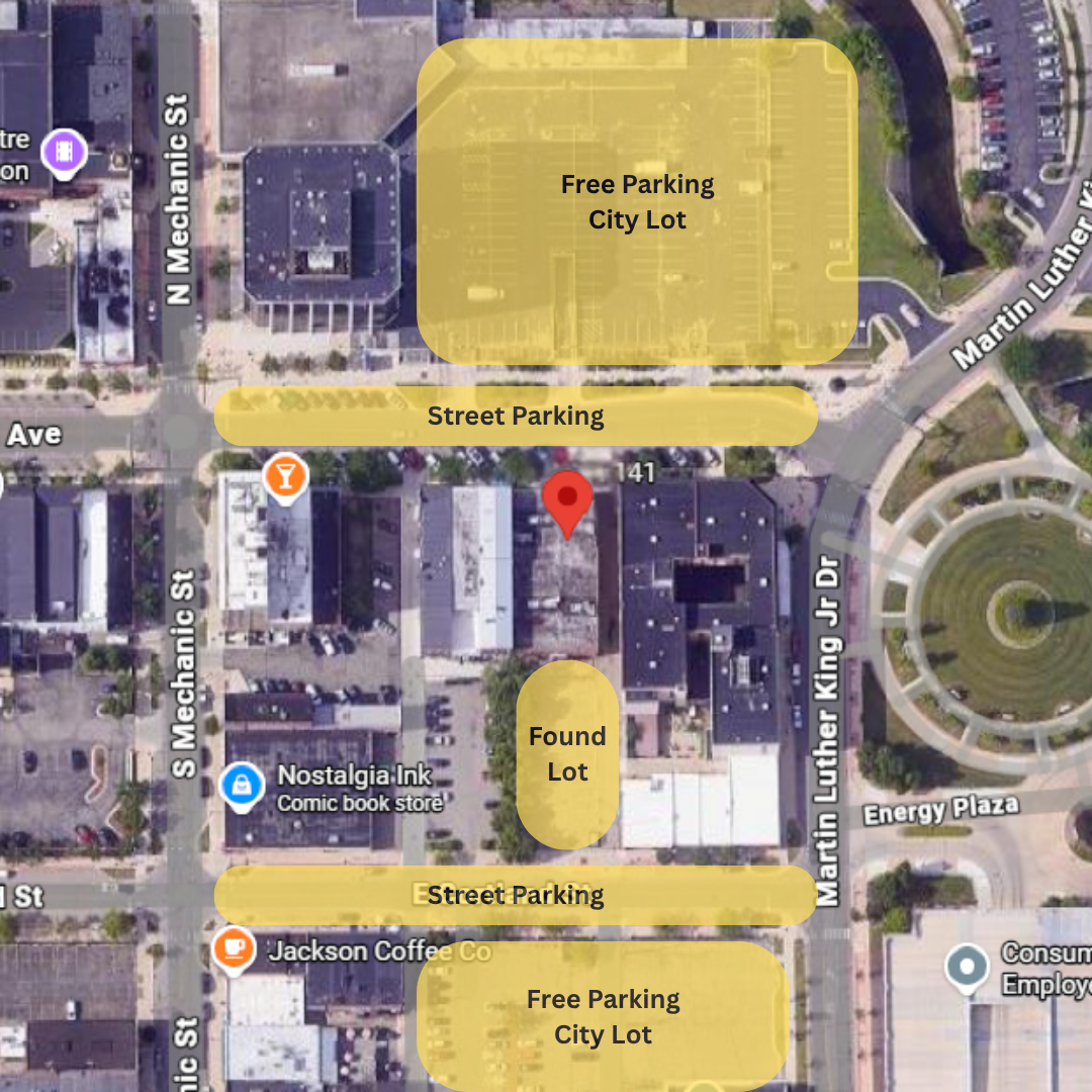 Rear entrance to Found Church in downtown Jackson, showing the parking lot