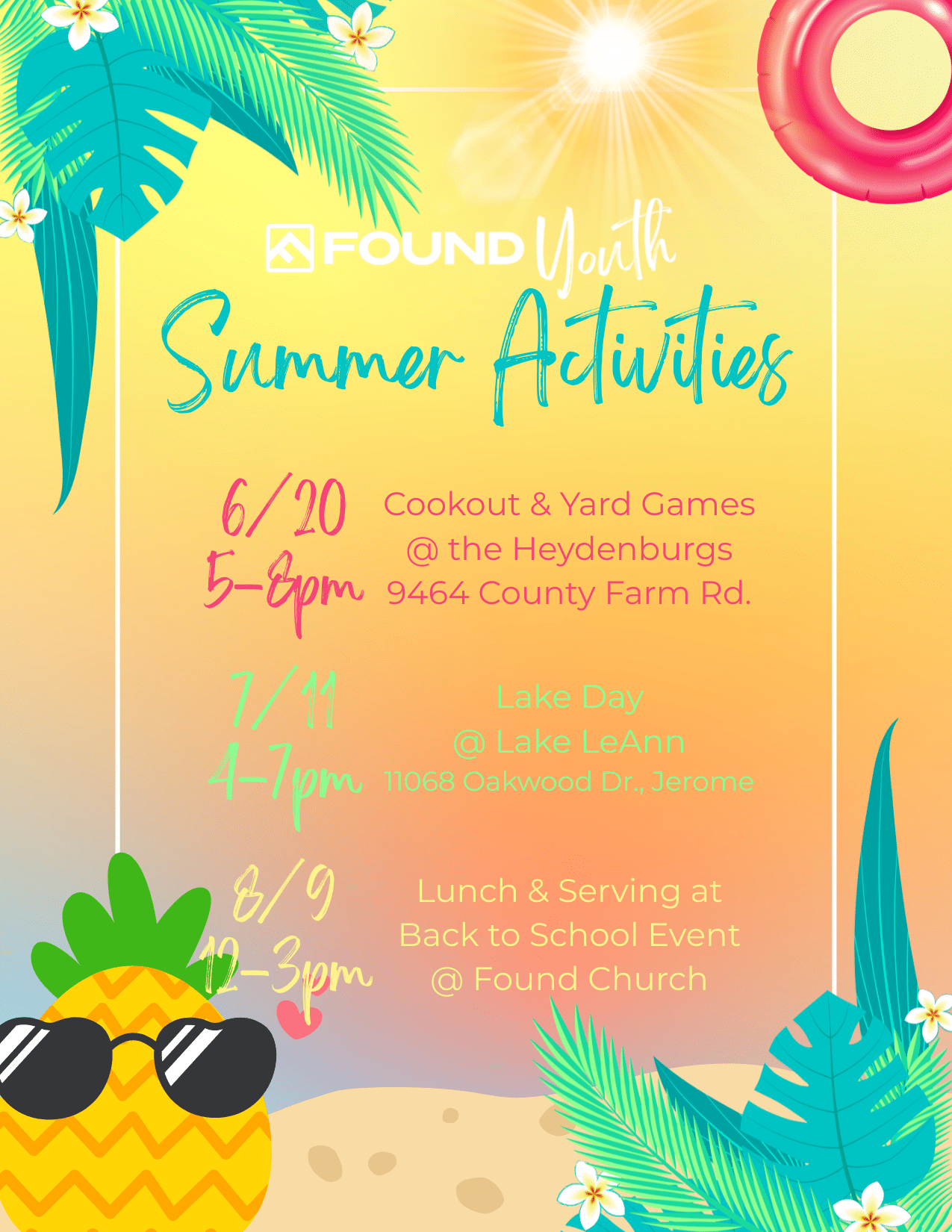 Found Youth Summer Events calendar