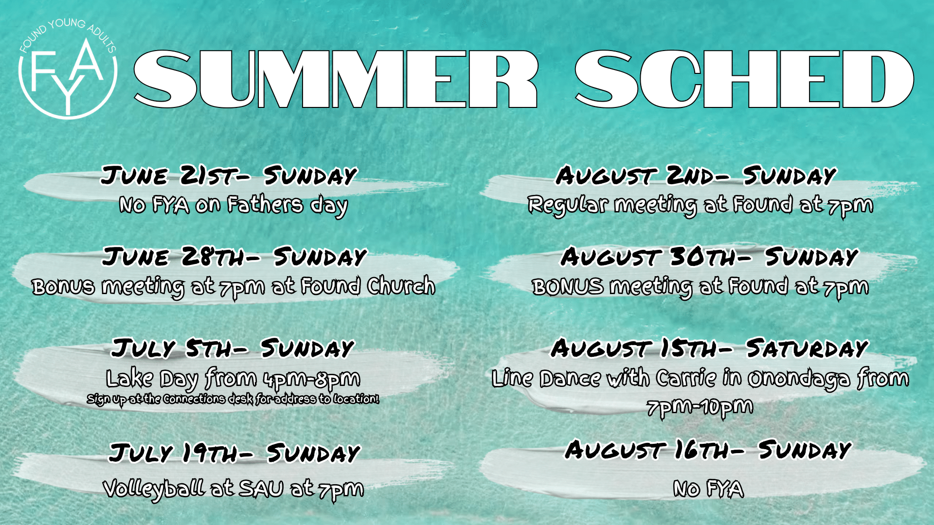 Found Young Adults Summer Schedule