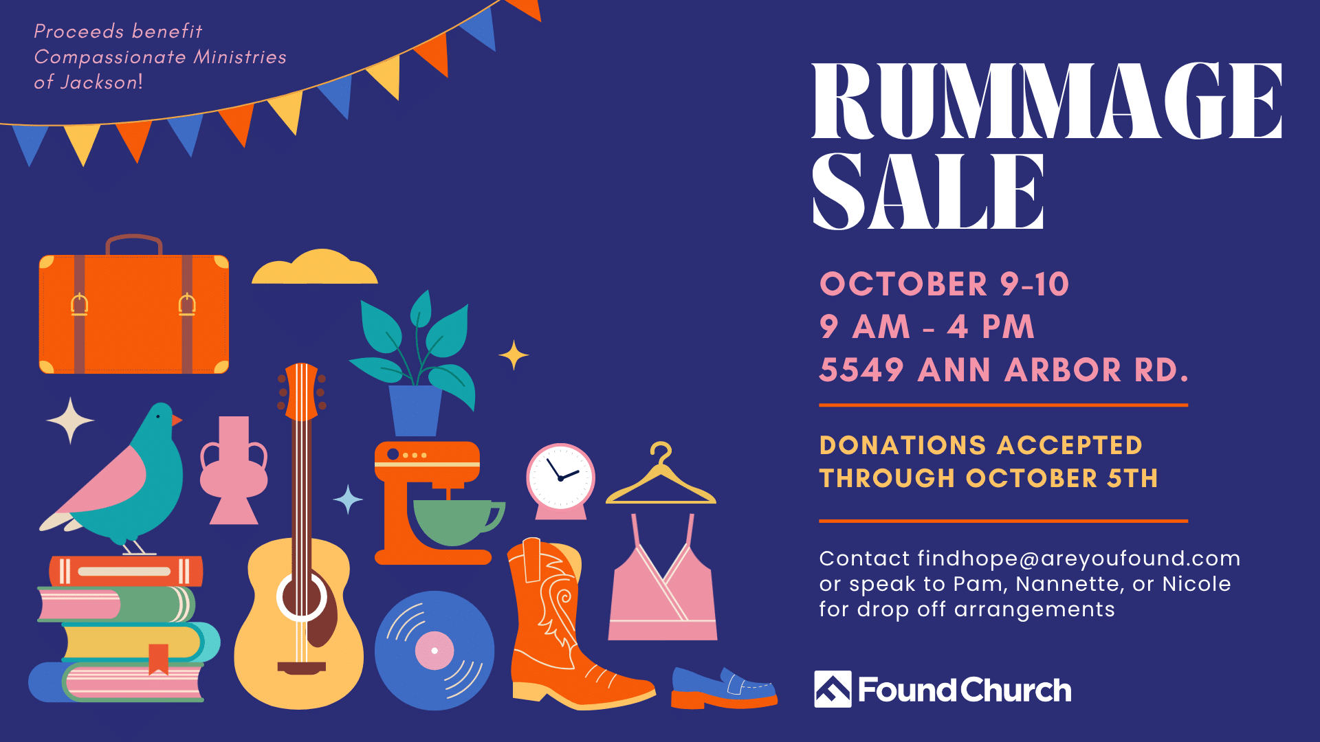 Found Church Rummage Sale at 5549 Ann Arbor Rd. October 9-10